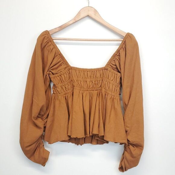 Free People Gigi Long Sleeve Square Neck Smocked Peplum Boho Top - Picture 3 of 13